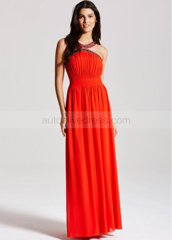 Dark Orange Halter Neckline Long Prom Dress